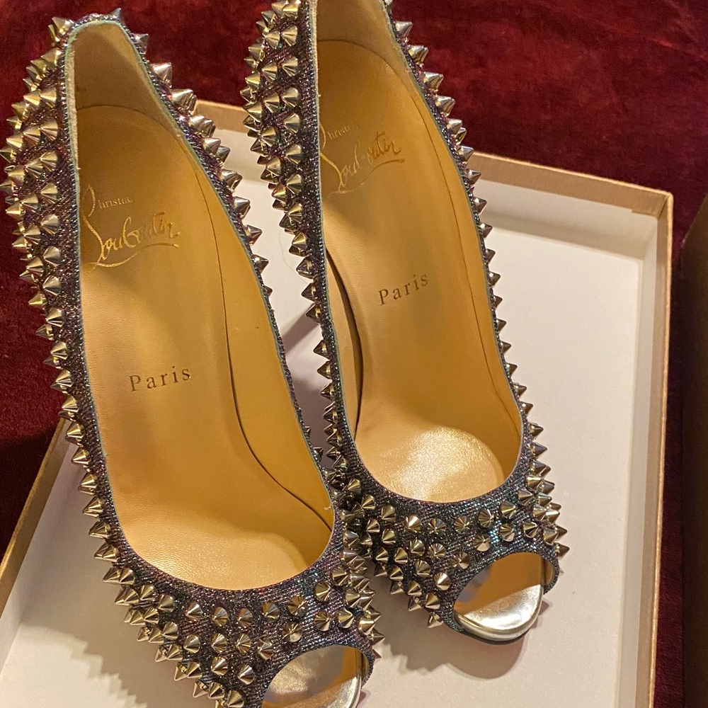 Christian Louboutin Silver Metallic Spike Peep-Toe Heels